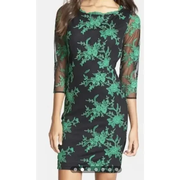 Hailey By Adrianna Papell Evening Dress Green Lace Embroidery Long Sleeve Sz-8 - Picture 2 of 16